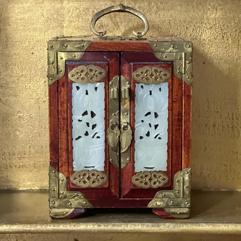Vintage Wooden Jade Jewelry Box with Metal Accents